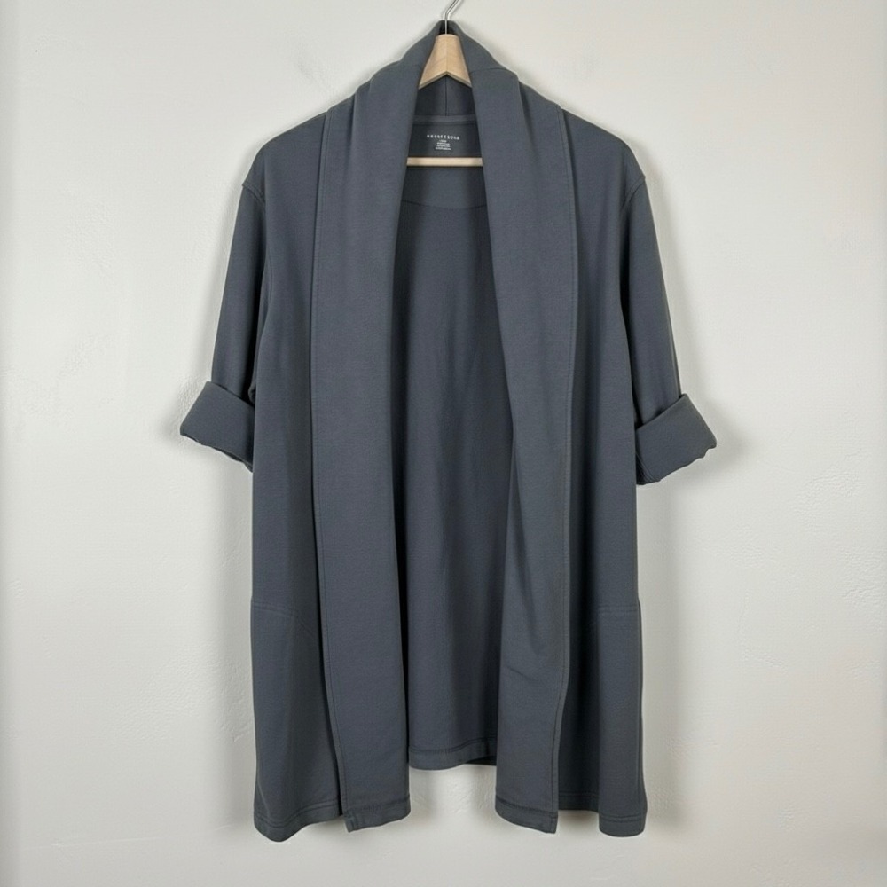 Lands End Women Open Front Shaw Cardigan Sweater Sz 2X Pockets Modal Cotton Gray